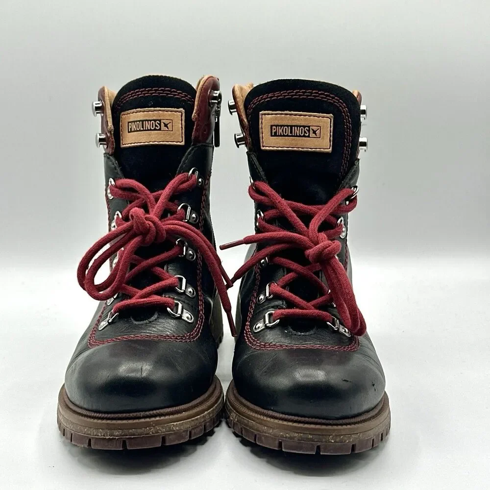 Pikolinos Aspe Leather Boots Womens 7.5-8 EU 38 Black Zip Hiker Red Lace Lug